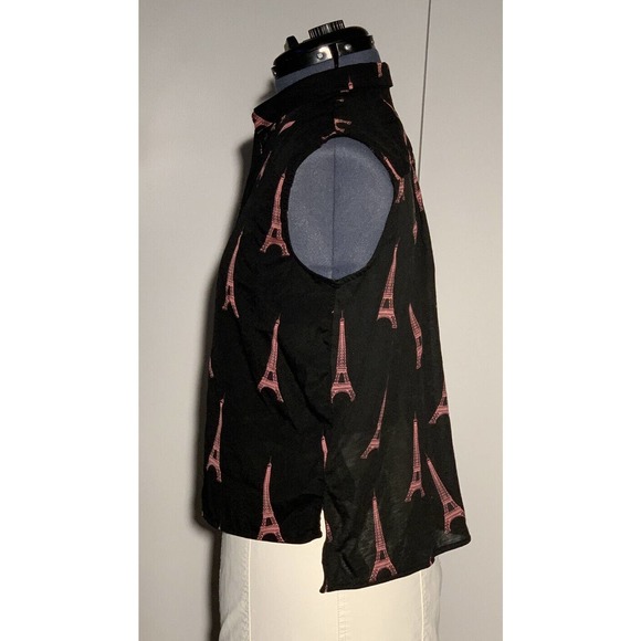 Eiffel Tower Print Paris Pink H&M Black Sleeveless Button Down Blouse Top Small - Picture 2 of 7